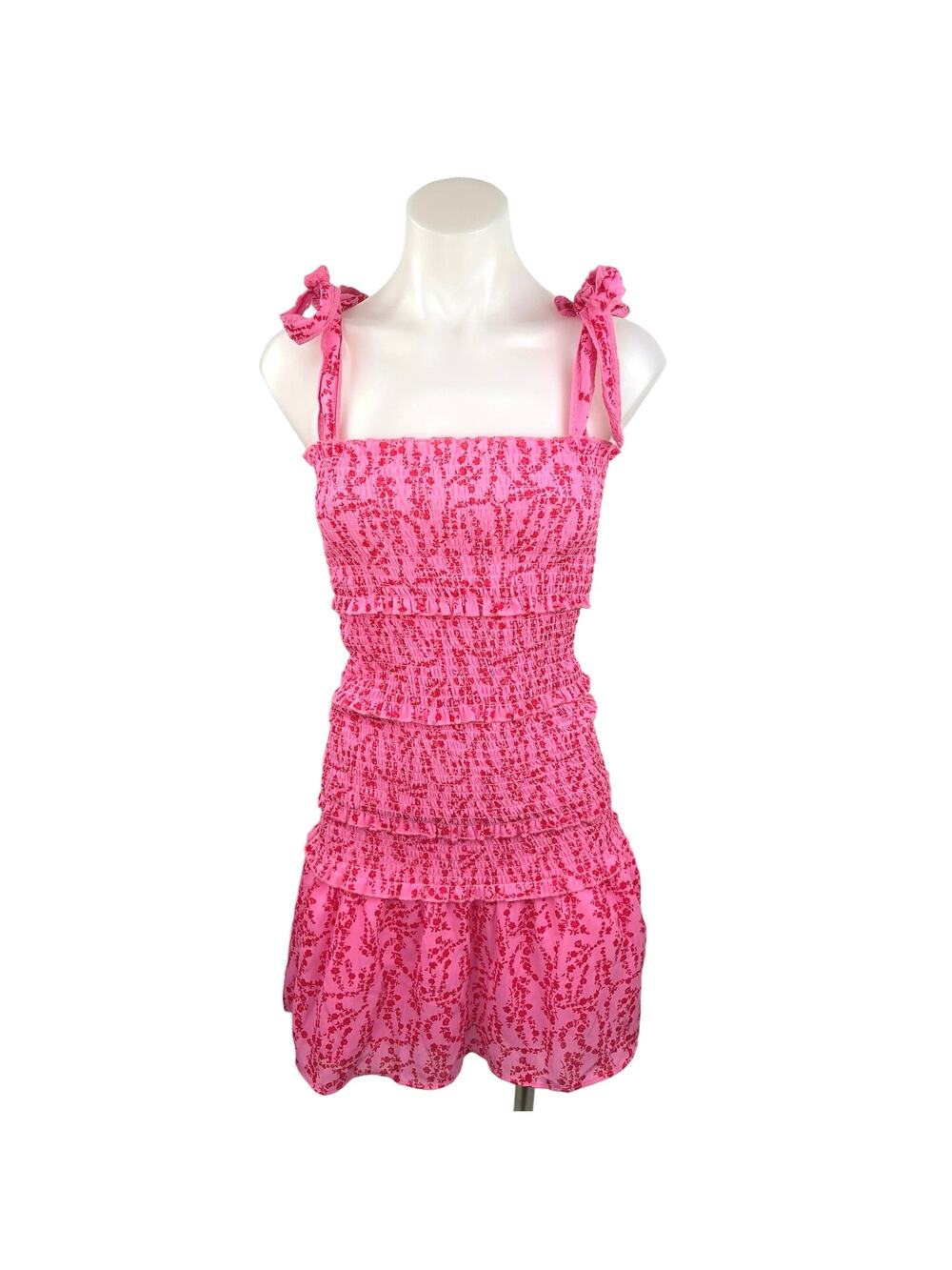 ChouYatou NWT Pink Square Floral Tie Sleeve Smocked Tiered Ruffle Mini Dress S